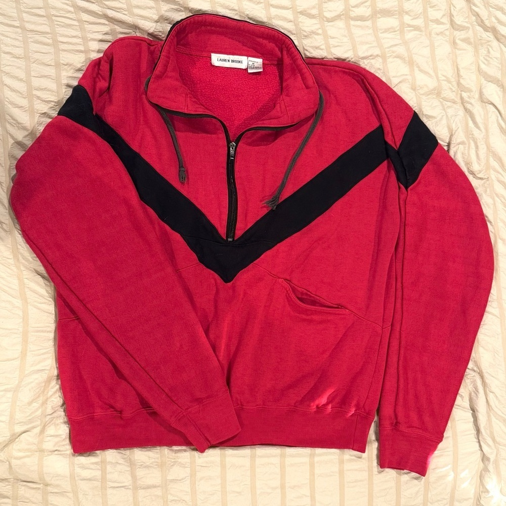 Lauren Brooke Retro 80s Pink and Black Quarter-zip Pullover Sweater